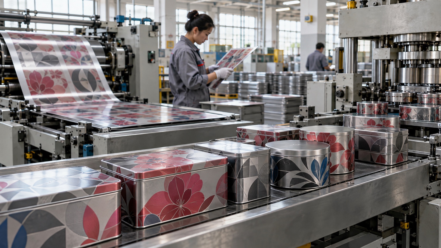 Illustrative concept showing printed tinplate and patterned finished tins